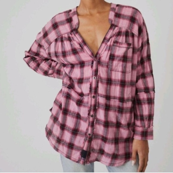 WE THE FREE Women's One of the Boys Plaid Button-Up Tunic Shirt Dusty Pink‎ SZ M - Picture 1 of 13